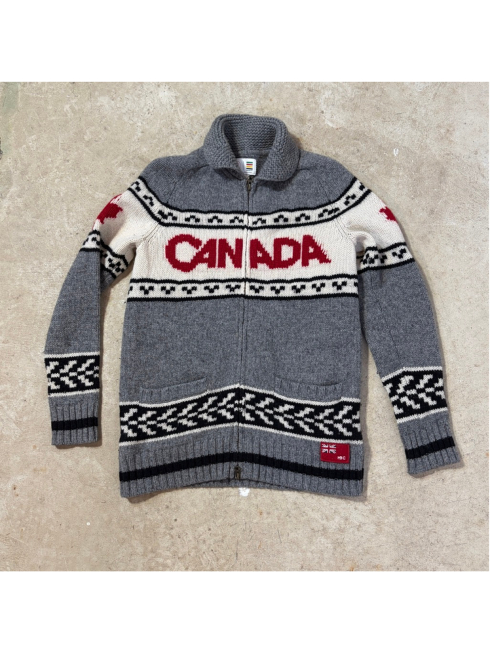 Hudson's Bay Gray Red Canada Lambswool Cardigan Sweater Women’s Medium Olympics